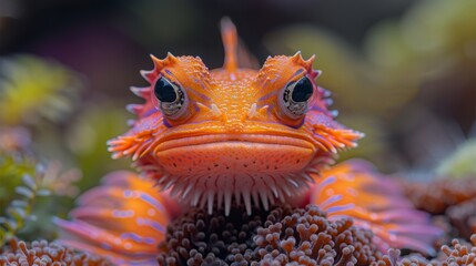  Orange-white fish on coral, close-up with plants and corals in background