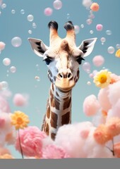A whimsical composition featuring a giraffe head popping through a cloud of pink flowers under a blue sky