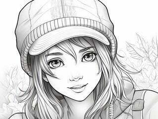 Fototapeta premium Charming girl with cap - black and white coloring book vector illustration for creative leisure activities