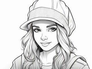 Charming girl with cap - black and white coloring book vector illustration for creative leisure activities