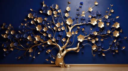 Elegant gold and royal blue floral tree with leaves and flowers hanging branches illustration background. 3D abstraction wallpaper for interior