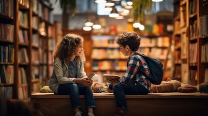 two children sitting in a bookstore, looking at shelves filled with books, and talking about the books, back to school concept