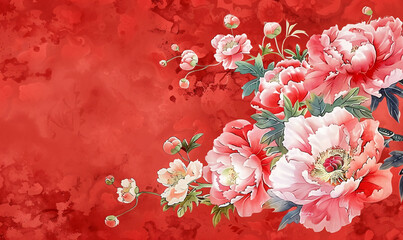 Chinese style peony flower hanging mobile phone wallpaper, red background with pink and white flowers, Chinese elements, watercolor painting effect, high definition resolution, delicate details, symme