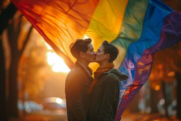 two men kissing in front of a Rainbow Flag - obrazy, fototapety, plakaty