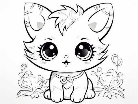 Kawaii cat coloring page - charming and simple line art for creative fun, black and white vector illustration