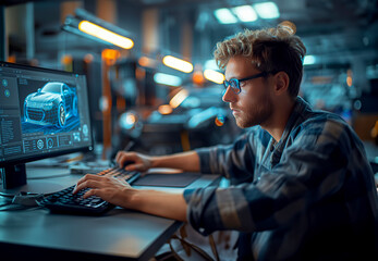 A young man in glasses works on the computer, creating a car model using graphic design. In the background, there's an entire atmosphere that reflects modern technology, innovation, and creativity