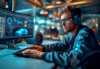 A male programmer wearing black glasses and headphones is working on an AI car design with a computer, and the background glows with neon light. A modern, eco-friendly vehicle model stands. 