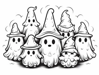 Charming specters in enchanted attire: a whimsical outline illustration of friendly ghosts adorned with witch hats - perfect for Halloween coloring activities for all ages