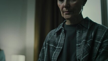 Tilting up shot of anxious adult Caucasian woman getting bad news on smartphone while sitting on bed in cold dark bedroom alone, closing mouth with hand while understanding what happened