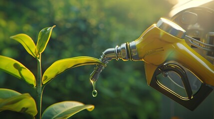 Fuel dispenser with fuel or organic fuel drip and sprouting green plant representing eco-friendliness isolated. Sustainable biofuel idea. 3D render. - obrazy, fototapety, plakaty