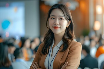 Asian businesswoman presenting new product at conference on digitization engineering sustainability and automation. Concept Business Conference, Asian Businesswoman, Digitization Engineering