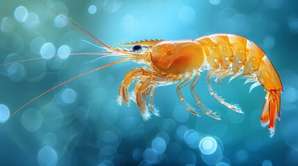  A clear close-up of a shrimp on a blue background with blurred lights in the background