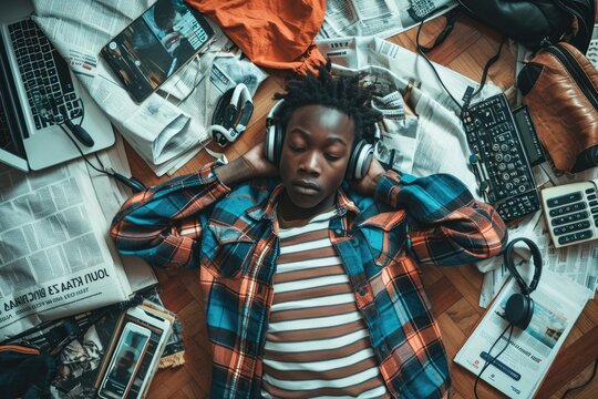 The top view of picture that about young african american human laying down and listening to the music and focused in the full of the thought and music with room that surrounded with devices. AIGX03.