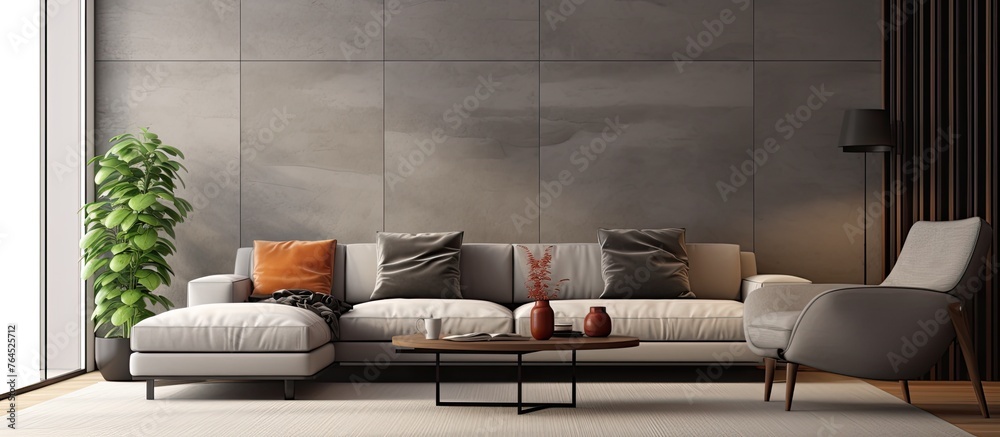 Wall mural Contemporary living space furnished with a comfortable couch and a central coffee table