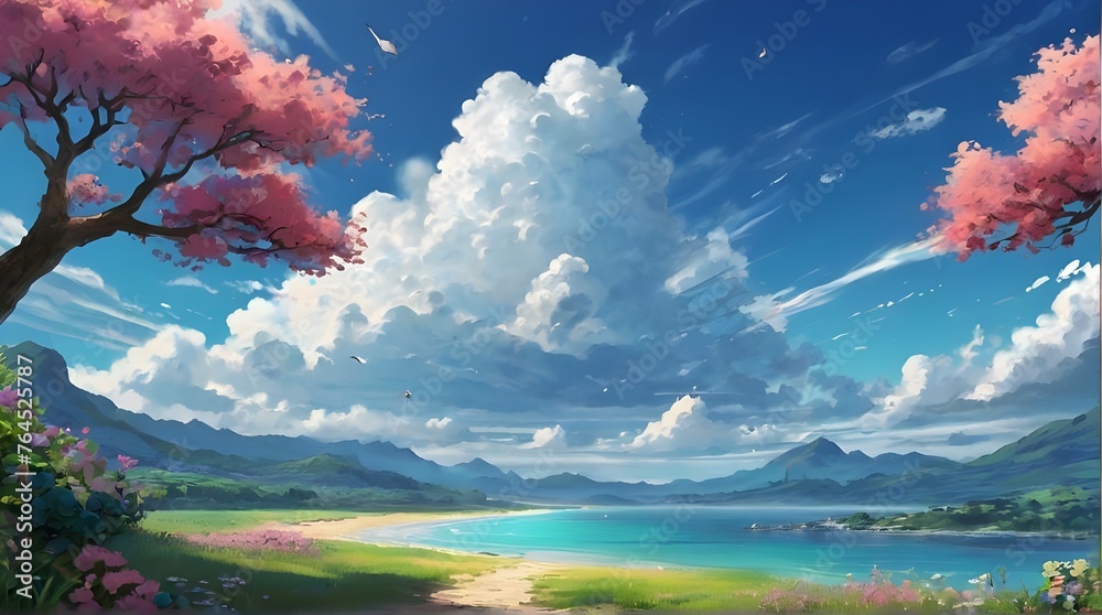 Wall mural anime fantasy wallpaper background concept : scenic mountain lake under a bright blue summer sky wit