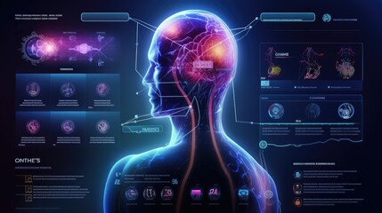 futuristic medical research of brain neural nerve system health care with diagnosis vitals infographic biometrics for clinical hospital x-ray and alzheimer treatment