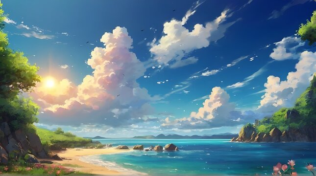 Anime fantasy wallpaper background concept : A tropical island paradise bathed in sunshine, with a white sand beach meeting turquoise ocean under a clear blue sky, generative ai