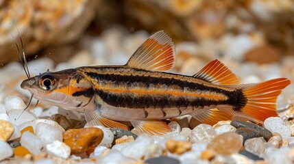  A macro image of a tiny fish resting on a rocky gravel bed with stones and pebbles in the surrounding area