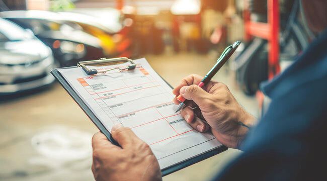 Mechanics checklist on clipboard for car insurance inspection in garage workshop