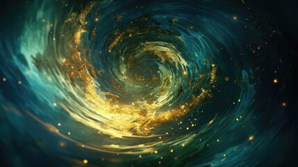 Gold Dust Particles Creating Spiral Waves in a Blue Liquid with a Green Tint. A whirlpool of shiny particles in a dark green thick fluidity