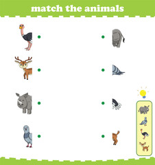Matching game for preschool children with wild animals. Vector Illustration