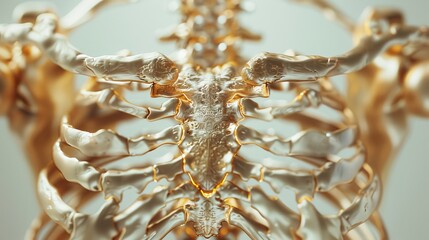 Detailed 3D model of a human ribcage showing ribs and spine over light grey background. Medical and anthropological concept. Anatomy study, medical research. Close-up with shallow depth of field. - obrazy, fototapety, plakaty