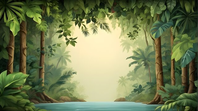 Background of a tropical forest, jungle, or copy space with a border of tropical leaves and an empty space in the middle