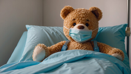 A brown teddy bear wearing a blue mask is lying in a bed with blue sheets