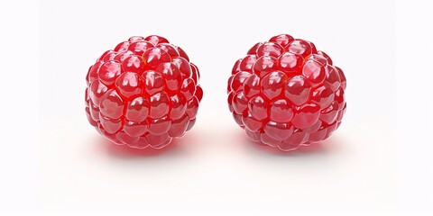 A couple of succulent mature raspberries set apart on a blank backdrop.