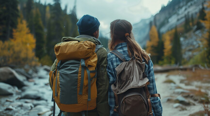 Happy young couple embracing outdoors in beautiful natural landscape