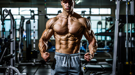 Fototapeta na wymiar a young, muscular man of athletic appearance stands in the gym with tense biceps