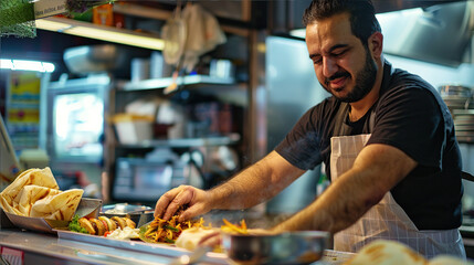 An oriental-looking man cooks meat and pita bread in a restaurant