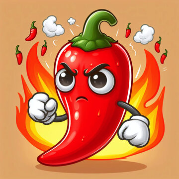 Hot chili pepper cartoon character on a fire background. Vector illustration.