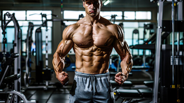 a young, muscular man of athletic appearance stands in the gym with tense biceps