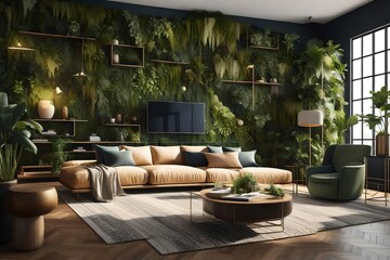 Fototapeta premium A nature-inspired living area with a living green wall, earthy tones, and ecological furniture to promote a connection with the environment. 