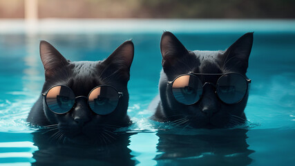 Gray serious cats in sunglasses swim in the pool