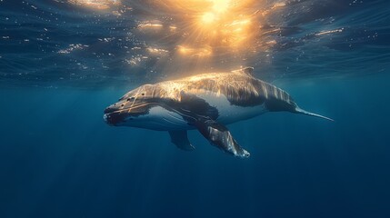  A majestic humpback whale gracefully glides beneath waves, bathed in golden sunlight - obrazy, fototapety, plakaty