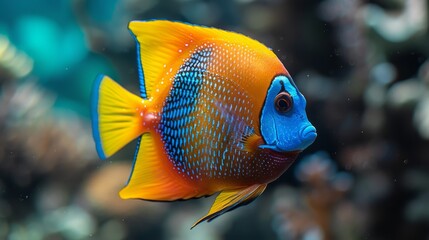  A clear shot of a vibrant blue-yellow fish amidst corals in an aquarium, with coral reefs in the distance