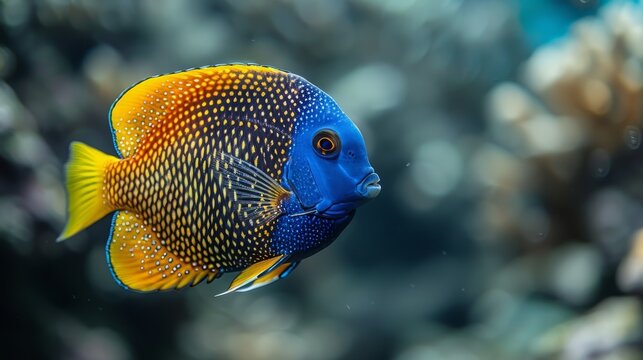  A detailed image showcasing a vibrant blue-yellow fish in an aquarium, surrounded by vivid coral backdrop and clear water
