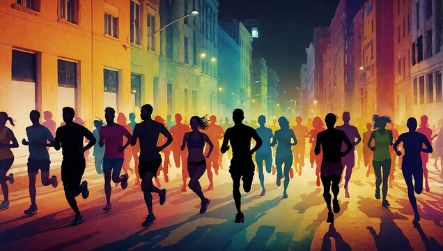 A Group Of People Are Running Down A City Street At Night.
