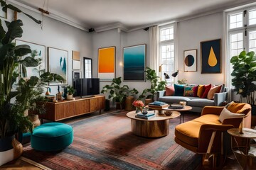 Fototapeta premium An artist's studio-inspired living room with an eclectic mix of colors, quirky furniture, and a gallery wall showcasing creative works 
