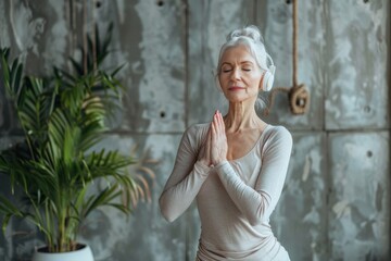 Close-up portrait of elderly gray-haired woman with headphones in yoga studio. Senior lady listening to music and meditating with eyes closed and arms raised. Active lifestyle and hobby for retirees.