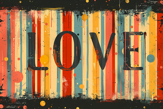 vector poster, flat design, with the word "LOVE", minimalist, 70s style, simple colors, vertical stripes, orange blue yellow black and white color palette, 2D in the style of the 70s