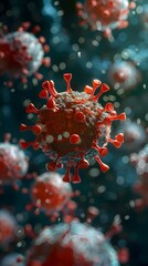 3D render visualization of virus, surrounded by red blood cells, stealth and impact on immune system.