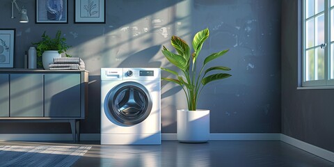 Contemporary laundry appliance in a sleek, charcoal laundry area. - obrazy, fototapety, plakaty