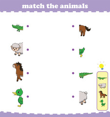 Matching game for preschool children with wild animals. Vector Illustration