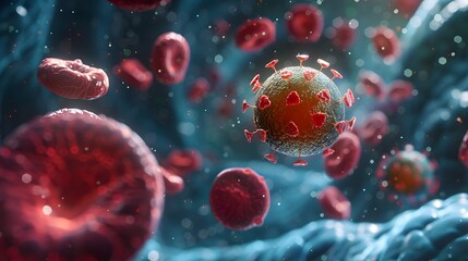 A virus is visually represented in a 3D render, surrounded by red blood cells, emphasizing its ability to evade detection and its impact on the immune system. - obrazy, fototapety, plakaty