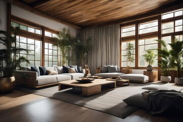 A living area with zen-inspired design that encourages relaxation with its muted color scheme, low seating, and organic features like stone and bamboo 
