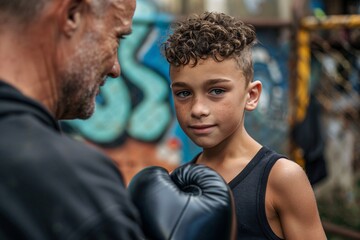 A youthful boxer getting ready for training with aid from coach to don boxing gloves. Athletic lifestyle fighting discipline theme.