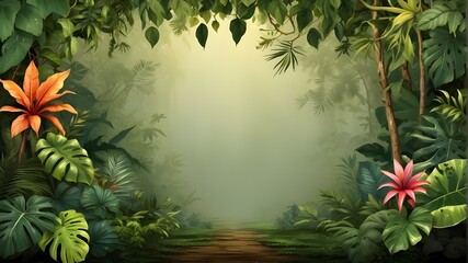 Background of a tropical forest, jungle, or copy space with a border of tropical leaves and an empty space in the middle